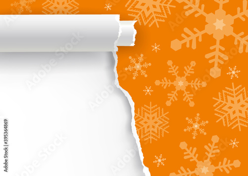Christmas rolled ripped paper,orange background.
Illustration of orange torn paper background with snowflakes and place for your text or image. Vector available