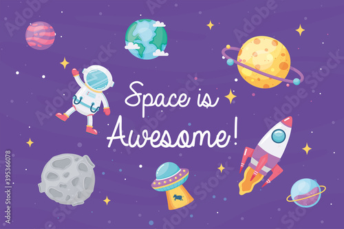 Fototapeta Naklejka Na Ścianę i Meble -  astronaut spaceship planet and ufo space is awesome in cartoon style