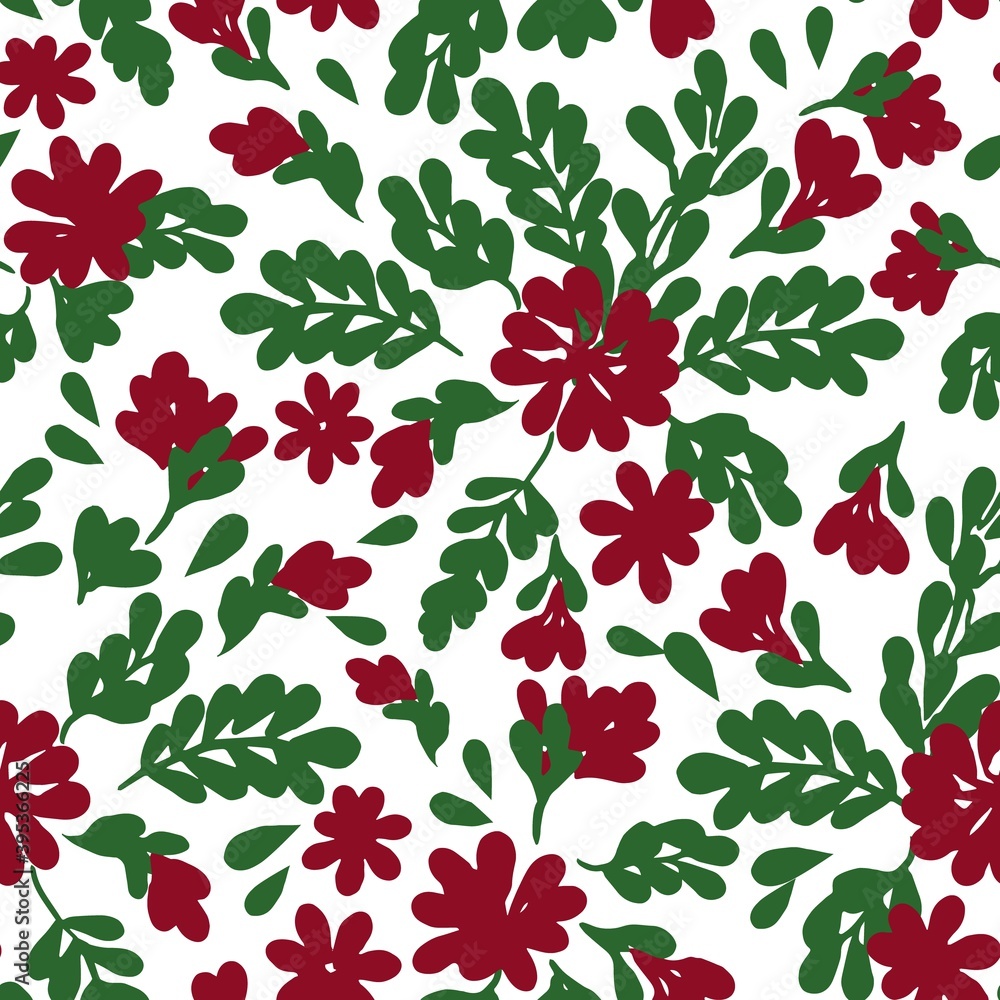 All over seamless vector botanical floral repeat pattern with tossed red and green Christmas flowers with branches, leaves and twigs All over seamless vector botanical floral repeat pattern with tossed red and green Christmas flowers with branches, leaves and twigs