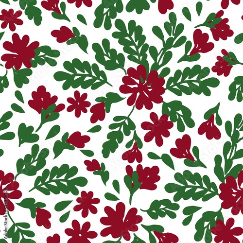 All over seamless vector botanical floral repeat pattern with tossed red and green Christmas  flowers  with branches, leaves and twigs