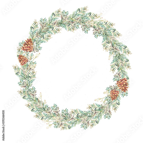 Christmas wreath created in watercolor. Watercolor Christmas wreath can be used in greeting cards, advertising banners, gift packaging.