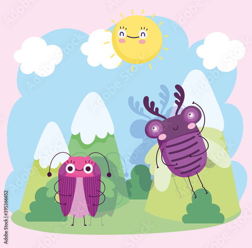 cute insects cartoon landscape mountains sun clouds