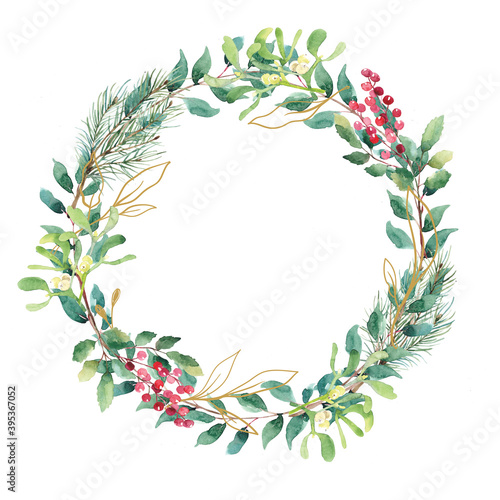 Christmas wreath created in watercolor. Watercolor Christmas wreath can be used in greeting cards  advertising banners  gift packaging.
