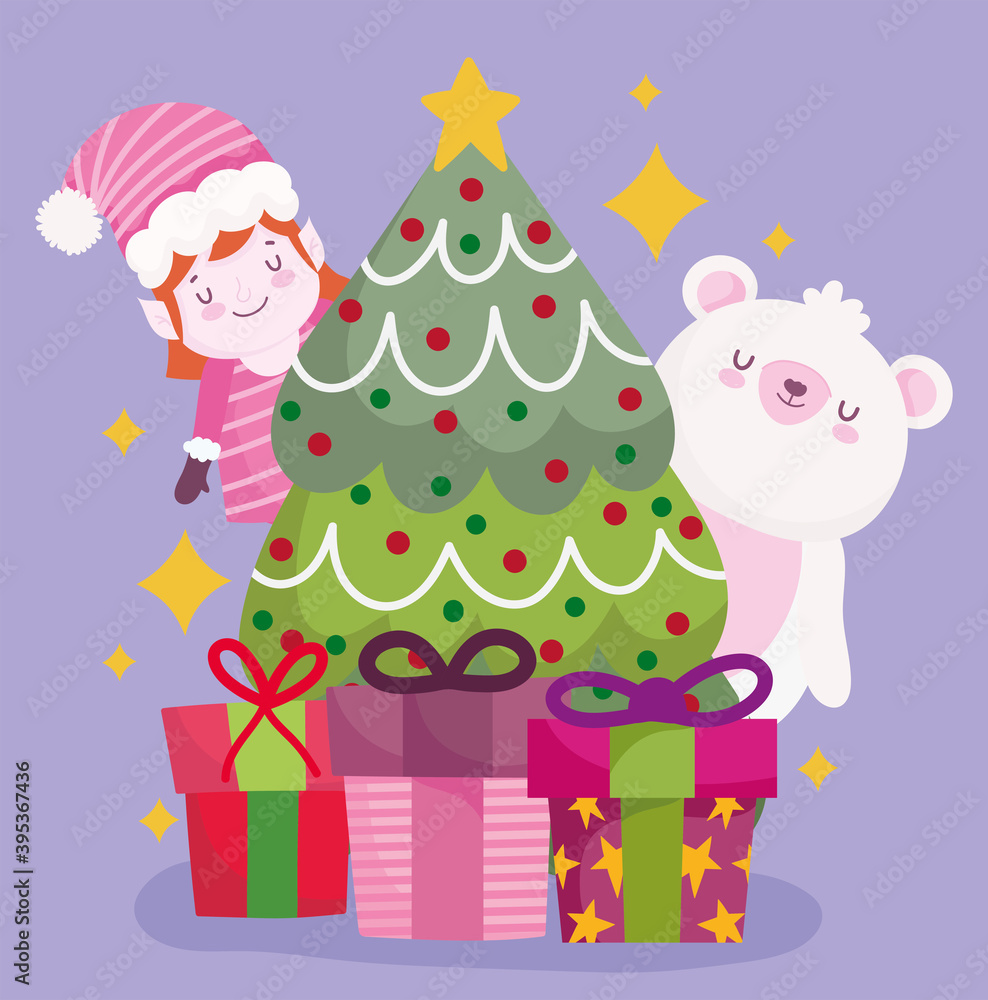 merry christmas bear helper tree and gifts decoration and celebration