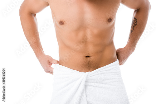 cropped view of shirtless man in towel posing isolated on white