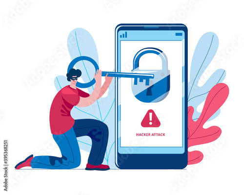 The man opens the virtual lock on the phone. The concept of a vector illustration on the theme of mobile phone hacking and hacker attacks.