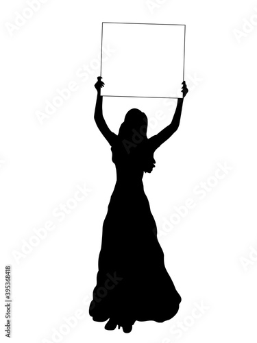 Silhouette woman holds banner placard blank white sheet for text space
