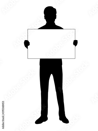 Silhouette men holds banner placard blank white sheet for text space