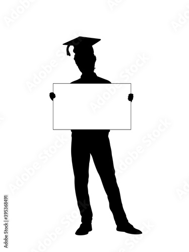 Silhouette young man student holds banner placard blank white sheet for text space