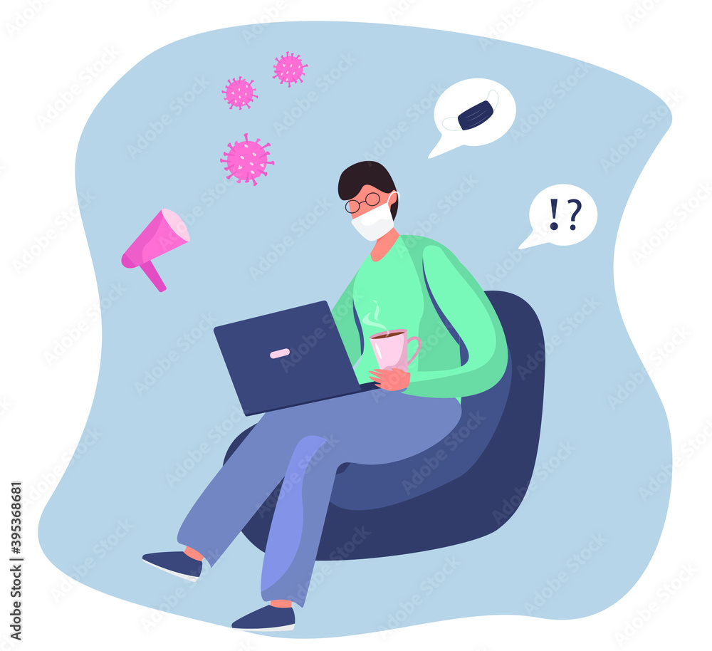 Man Character Sitting on Couch in Medical Mask Watching the Global or Fake News about Coronavirus on Laptop or TV at Home.
Social Media Networking and Loudspeaker News. Flat Vector Illustration Man Character Sitting on Couch in Medical Mask Watching the Global or Fake News about Coronavirus on Laptop or TV at Home.
Social Media Networking and Loudspeaker News. Flat Vector Illustration