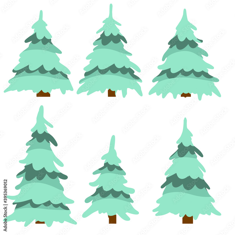 Set of winter tree. Snow on branches. Element of nature and forests. New year and Christmas decorations. Cartoon flat illustration. Cold season