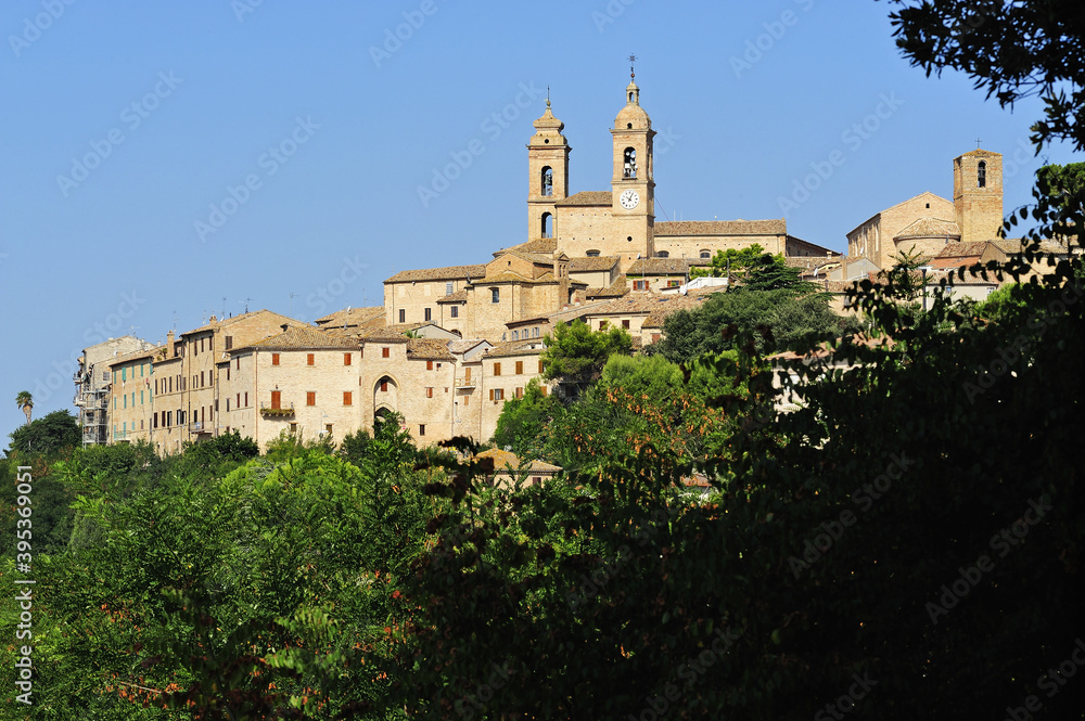 Montecosaro, district of Macerata, Marche, Italy, Europe - view of the medieval village with church bell towers