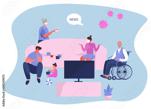 Family Characters Sitting on Couch in Medical Mask Watching the Global or Fake News about Coronavirus on Laptop or TV at Home. Social Media Networking and Loudspeaker News.Flat Vector Illustration