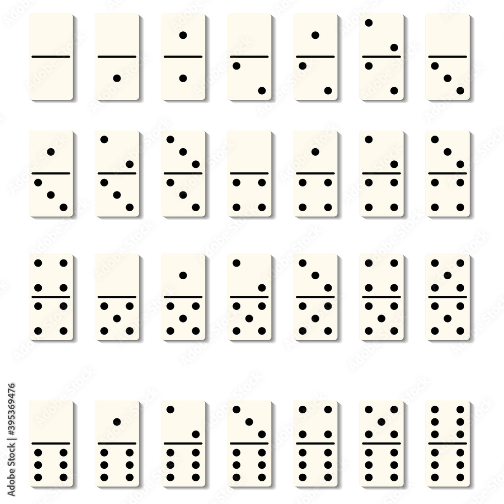Dominoes tiles isolated blocks with black spots number for game on white background. Vector flat illustration Dominoes tiles isolated blocks with black spots number for game on white background. Vector flat illustration
