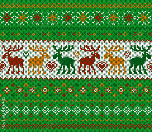 Knit Christmas seamless pattern. Green print with deers. Vector. Knitted sweater texture. Xmas geometric background. Holiday fair isle traditional ornament. Festive pullover. Wool illustration.
