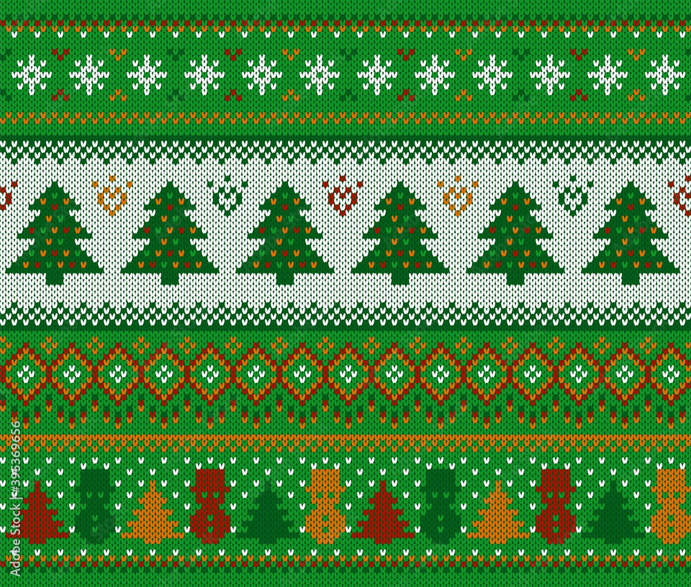 Knit Christmas pattern. Xmas seamless background with tree and snowman. Vector. Festive winter green texture. Holiday traditional print. Knitted sweater ornament. Wool fair isle pullover. Illustration Knit Christmas pattern. Xmas seamless background with tree and snowman. Vector. Festive winter green texture. Holiday traditional print. Knitted sweater ornament. Wool fair isle pullover. Illustration
