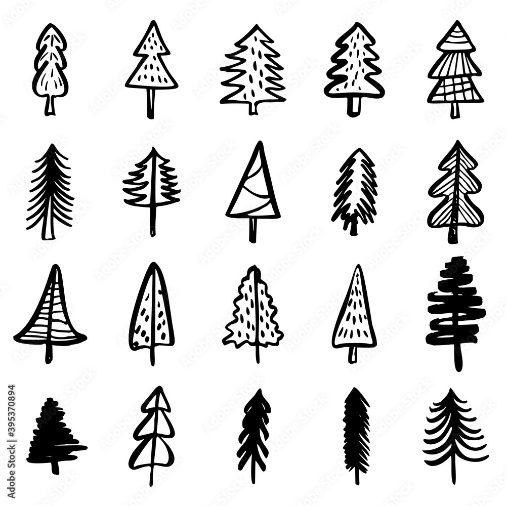 Christmas Doodle Fir Trees Hand drawn Set. Vector Simple Stylized Design Elements. Winter Holidays Decorations Collection.