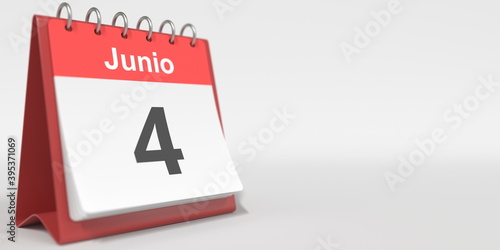June 4 date written in Spanish on the flip calendar, 3d rendering
