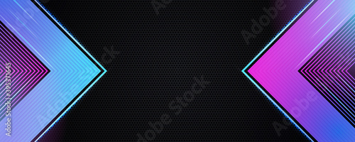 Futuristic blue purple and black abstract gaming banner design with metal technology concept. Vector illustration for business corporate promotion, game header social media, live streaming background