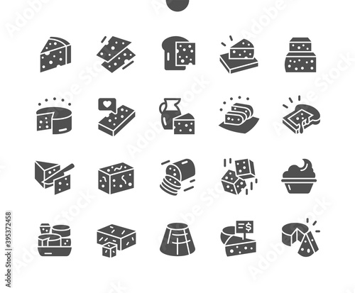 Different sorts of cheese. Feta, cheddar, gouda, mascarpone. Food shop, supermarket. Menu for restaurant and cafe. Vector Solid Icons. Simple Pictogram