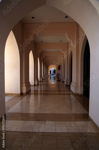 Perspective of the arcade with arches, columns and decorated floor, Muscat, Oman