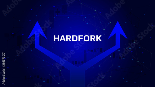Cryptocurrency hardfork concept with double arrow on dark blue background. Splitting the coin into two parts. Vector illustration.