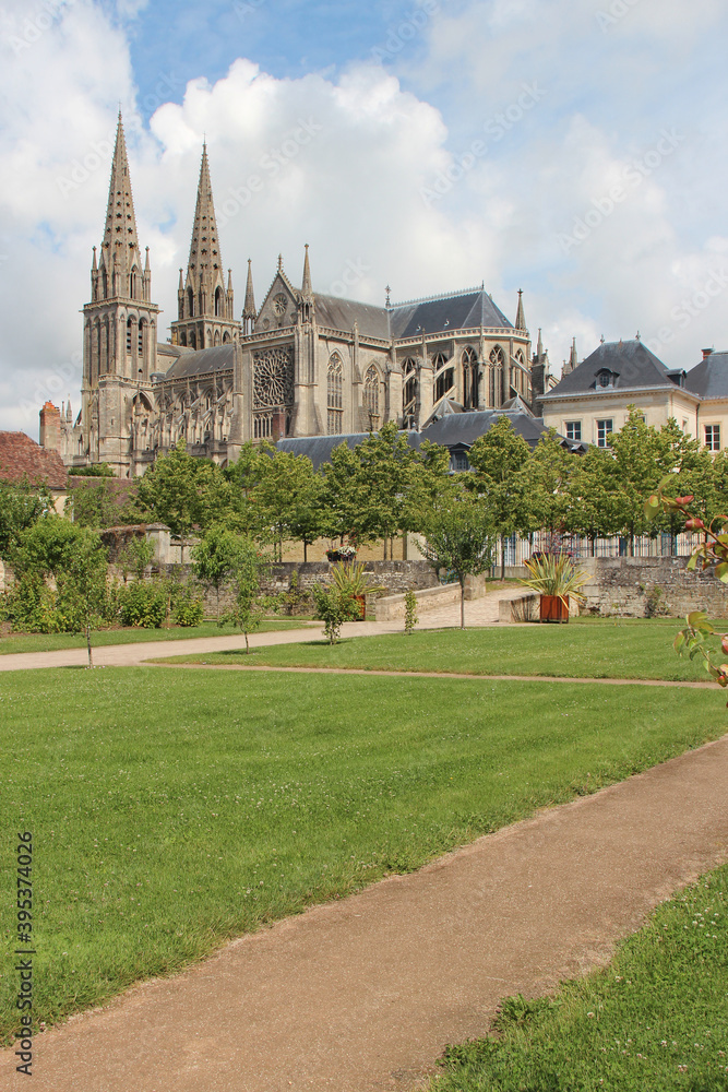notre-dame cathedral, argentré mansion and public gardens in sées in normandy (france)