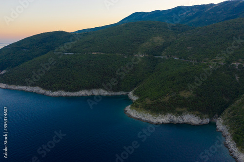Aerial view of croatian coast at a beautiful summer sunset.