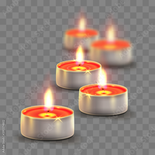 Red tea light, candle and blur candle on back isolated on transparent background. Holiday illustration for postcard, banner, cards, decor, design, arts, advertising.
