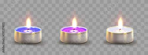 Set of blue, purple, white tea light, candle isolated on transparent background. Holiday illustration for postcard, banner, cards, decor, design, arts, advertising.