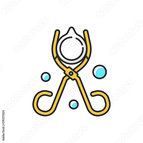 Beaker tongs RGB color icon. Handling hot and cold beakers. Lab equipment. Scissor-like tool. Carrying evaporating dishes and flasks. Test tube holders. Crucible tongs. Isolated vector illustration