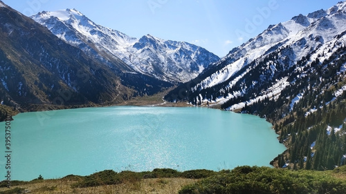 Big Almaty lake in the mountains. Beautiful landscape. Ile-Alatau National Park. Kazakhstan