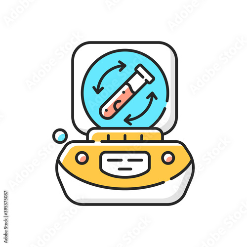 Lab centrifuge RGB color icon. Spinning vessel containing material at high speed. Fluids, liquid separation. Laboratory equipment. Rotational movement around fixed axis. Isolated vector illustration