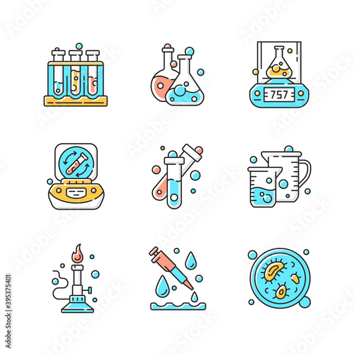 Laboratory equipment RGB color icons set. Holding upright multiple test tubes. Chemical droppers. Lab vessel and container. Petri dish. Bunsen burner. Measuring liquids. Isolated vector illustrations
