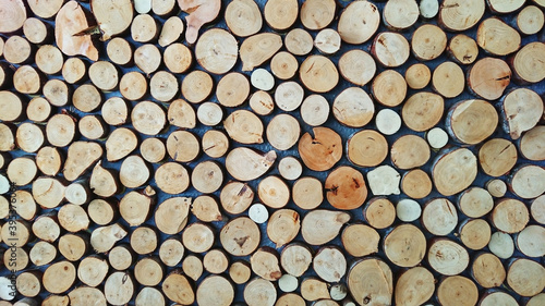 Top view of round tree slices on the table under the lights - perfect for backgrounds