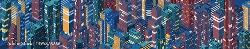 Isometric panoramic night city skyline. Vector illustration in flat design.