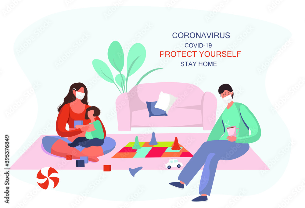 Board Games With Family during Quarantine.Happy Family Playing Board Games Together and with Child.Mother and Father are in Medical Masks.Flat Vector Illustration