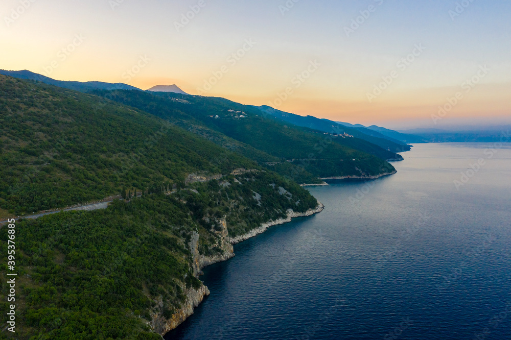 Aerial view of croatian coast at a beautiful summer sunset.