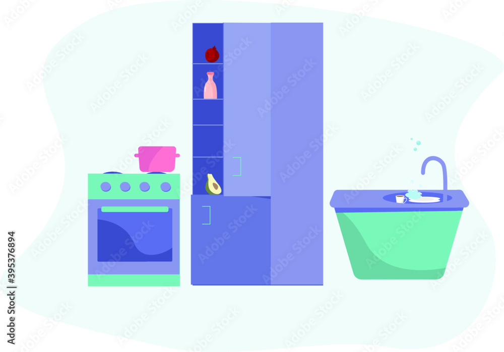 Night Eating, Gluttony and Night Hunger on the  Kitchen. Nightly overeating. Kitchen Interior. Flat Vector Ilustration