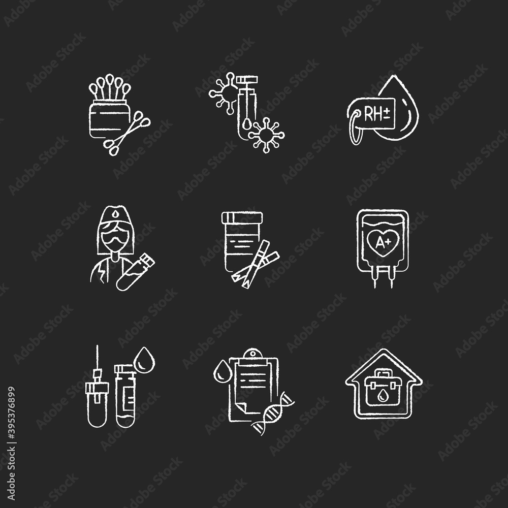Medical diagnosis black glyph icons set on white space. Clinical examination. Chemical laboratory checkup. Blood test. Polymerase chain reaction check. Silhouette symbols. Vector isolated illustration