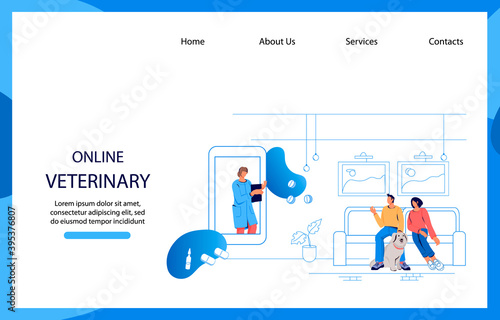 Veterinary consultation online website banner mockup with pets owners and veterinarian doctor on screen of mobile phone, flat vector illustration. Landing page for vet clinic online advice app.