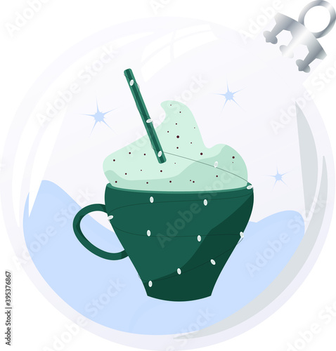 New Year and Christmas composition with cup of cappuccino in bauble