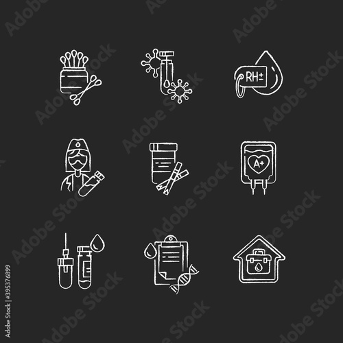Medical diagnosis black glyph icons set on white space. Clinical examination. Chemical laboratory checkup. Blood test. Polymerase chain reaction check. Silhouette symbols. Vector isolated illustration