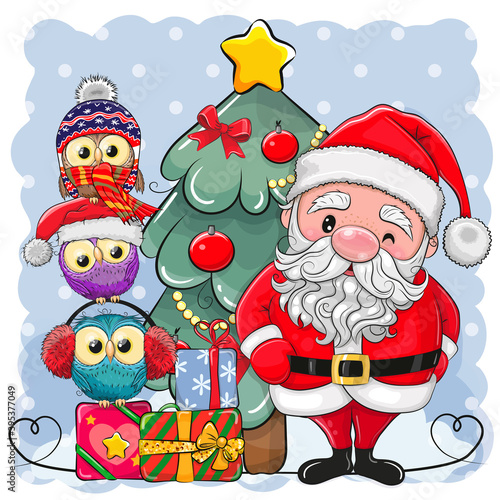 Santa Claus and three Cute Cartoon Owls