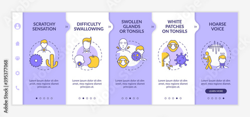 Throat inflammation symptoms onboarding vector template. Scratchy sensation. White patches on tonsils. Responsive mobile website with icons. Webpage walkthrough step screens. RGB color concept