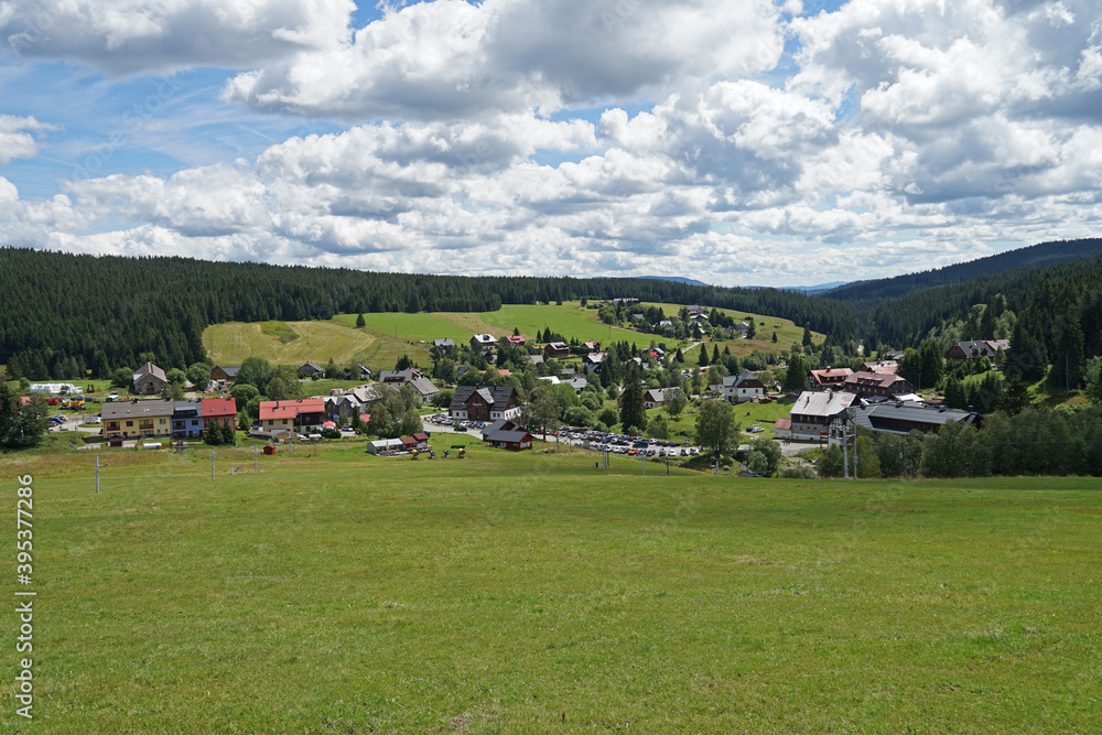 Modrava village is crowded with cars during weekends, popular tourist destination, Sumava Mountains National Park, Czech Republic