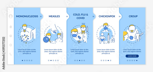 Viral throat inflammation causes onboarding vector template. Mononucleosis infection. Cold, flu and covid. Responsive mobile website with icons. Webpage walkthrough step screens. RGB color concept