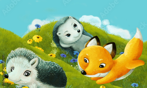 cartoon scene with forest animal on the meadow having fun - illustration