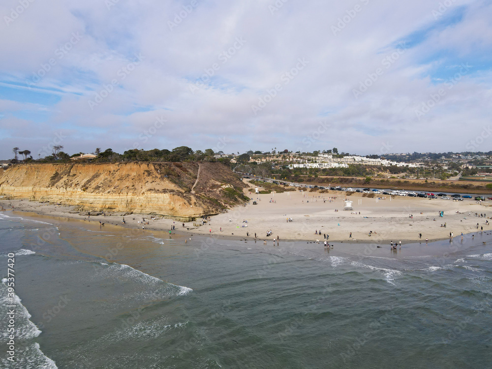 Aerial view of Del Mar North Beach, California coastal cliffs and House with Pacific ocean. San Diego County, California, USA