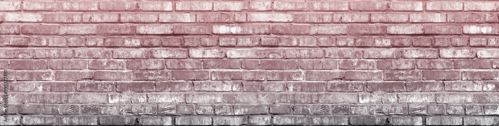 Fototapeta premium Grunge Grey Brick Wall Background Pink Toned. Aged Wall Texture. Distressed Brickwork. Grungy Black White Stonewall Background. Feminine Pink Wall Large Panoramic Banner For Web Design.